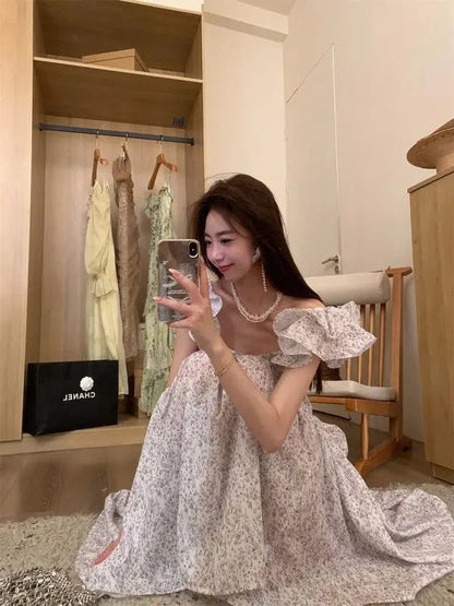 Purple Square Collar Flower Bud Sleeve Dress Summer New Fresh Sweet Fairy Temperament Long Dresses