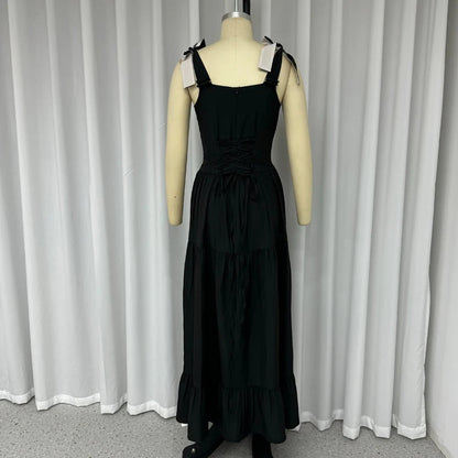 Dresses Summer Square Neck Bow Strap Sleeveless Black Pleated Party Long Dress