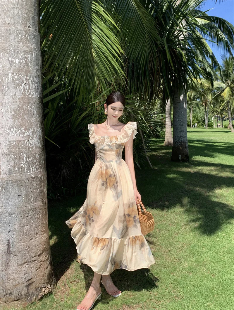 Prints Midi Dresses for French Clothing Holiday Beach Party Summer New