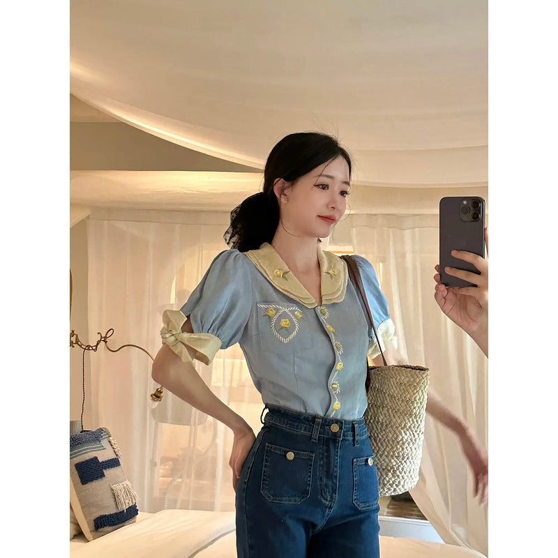Blue Embroidered Shirts Lapel Sweet Temperament Blouses Y2k Clothing New Korean Blusa Mujer Moda