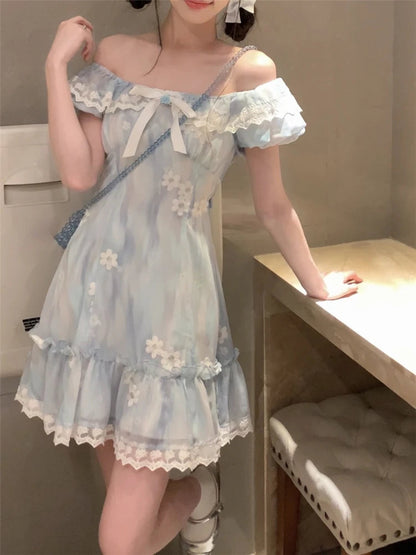 Sweet Kawaii Party Dress Lace Puff Sleeve Mini Dress Summer Korean One Piece Dress New
