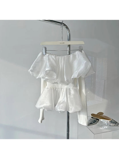 Sweet Chiffon Blouses Hot Slash Neck Thin Shirring Crop Top Office Lady Simple Daily Shirts Ins Y2k Design New Trend