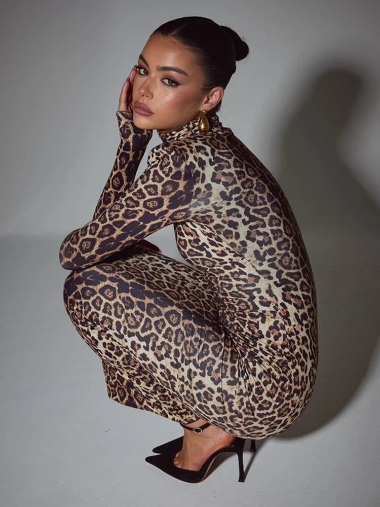Leopard Print Long Sleeve Maxi Dress for Autumn Winter Turtleneck Printed Bodycon Long Dress