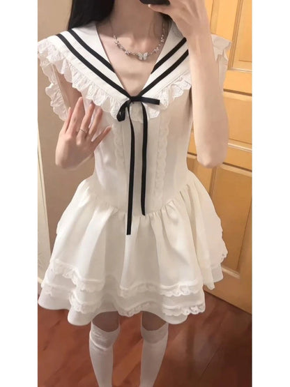 Woman Dress Sailor Collar Sleeveless Sweet Lace Patchwork Bow Preppy Style Mini Dresses Ball Gown Female