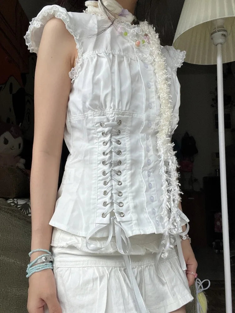 Fungus Flying Sleeve Shirts Slim Waist Lace Up Vest Blouses Y2k Grunge Single Breasted White Blusas Mujer
