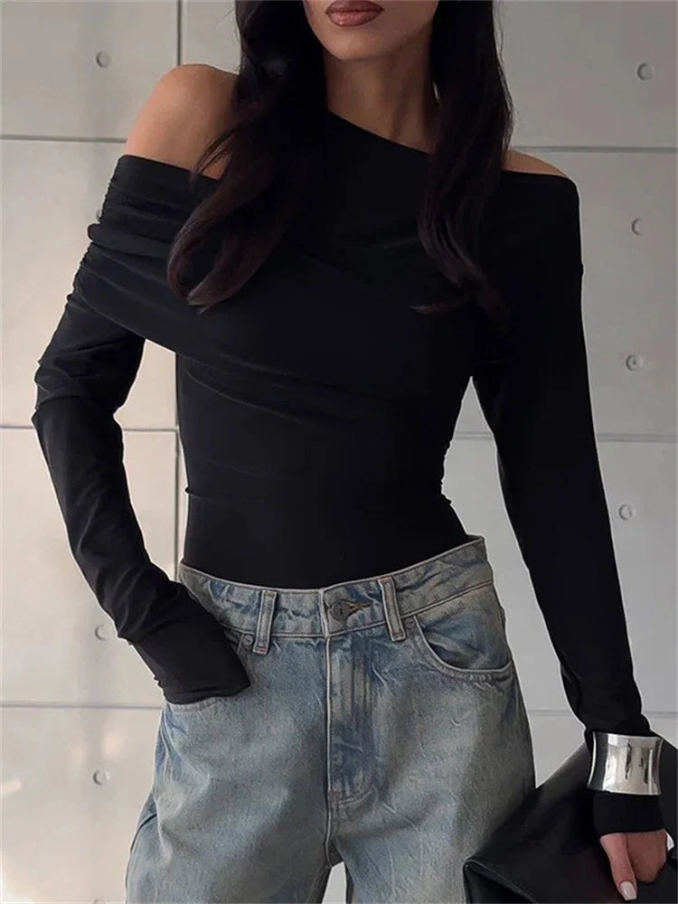 Black Off-shoulder Long Sleeve T-shirt for High Waist Autumn Slim Pullover Top Y2k Tee Top