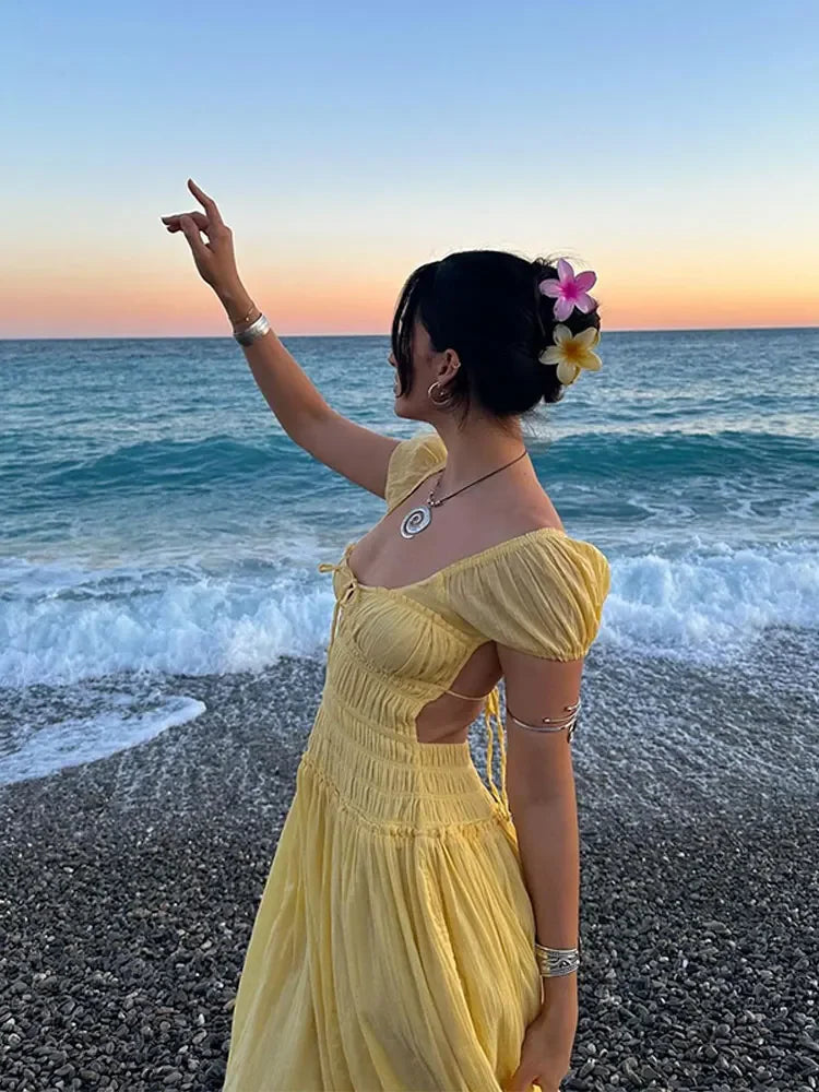 Summer Vacation Backless Square Neck Long Dress Lace Up High Waist Slim Dresses Lady Holiday Beachwear