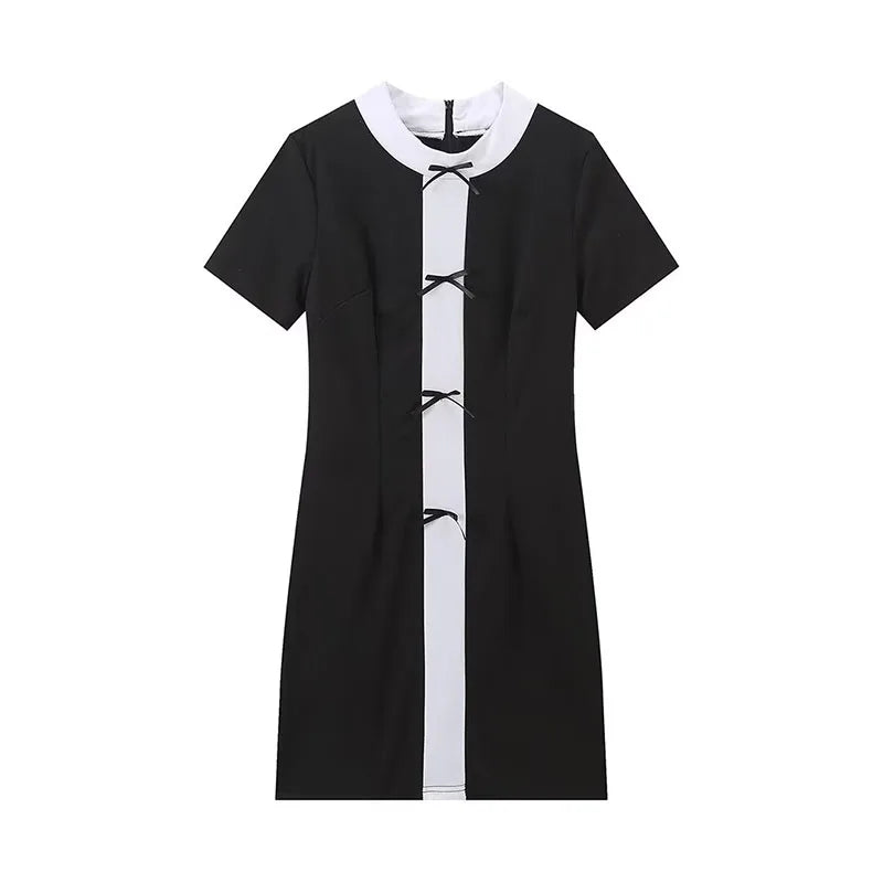 Summer Dresses Woman White Black Oneck Short Sleeves Bow Decorate Zipper Female Mini Dress