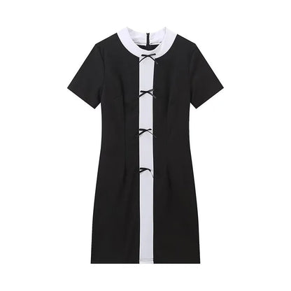 Summer Dresses Woman White Black Oneck Short Sleeves Bow Decorate Zipper Female Mini Dress