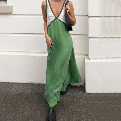 Dress Summer Clothes Contrast Color Patchwork V Neck Sleeveless Long Dresses Evening Party Dresses