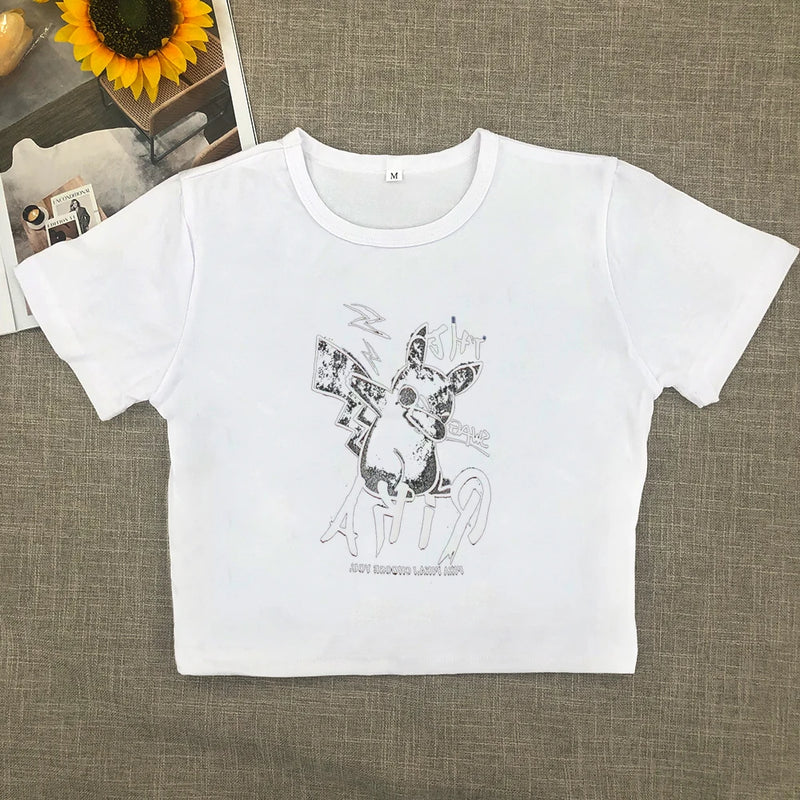 Sweet and Spicy New Printed Short-sleeved Short T-shirt Summer Spice Slimming Everything With Shoulder Clothes