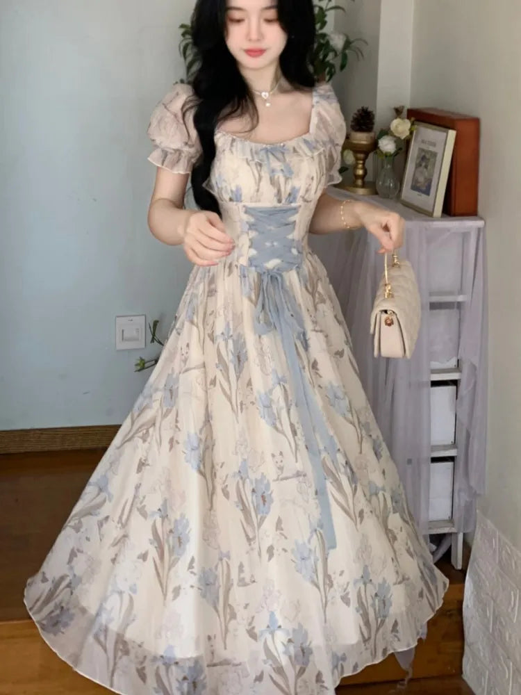 Y2k Midi Dress Kawaii Lolita Laceup Square Collar High Waist Princess Evening Party Dresses Prom Robe Vestido New