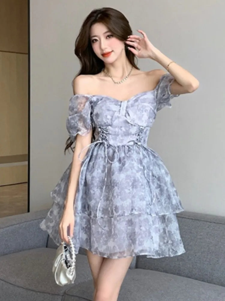 Korean Sweet Laceup Mini Dress Print Puff Sleeve Ball Gown Birthday Party Short Dresses Summer Spring Princess Vestidos