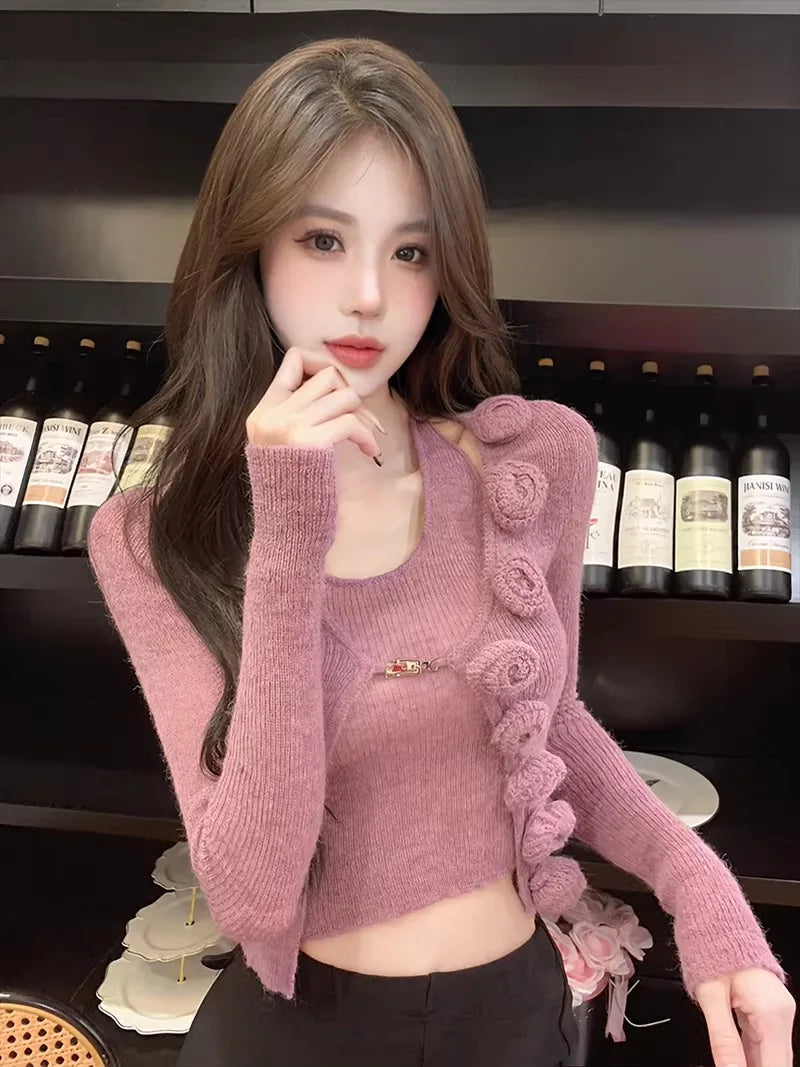 Sweet Hot Girl Pure Suit Autumn and Winter Knitted Cardigan Short Slimfit Halter Vest Twopiece Set Female Clothes