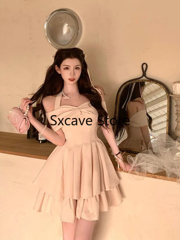 Summer Y2k Mini Dress Sweet Even Party Dress Office Lady Kawaii Clothing Bow Birthday Dress Korean