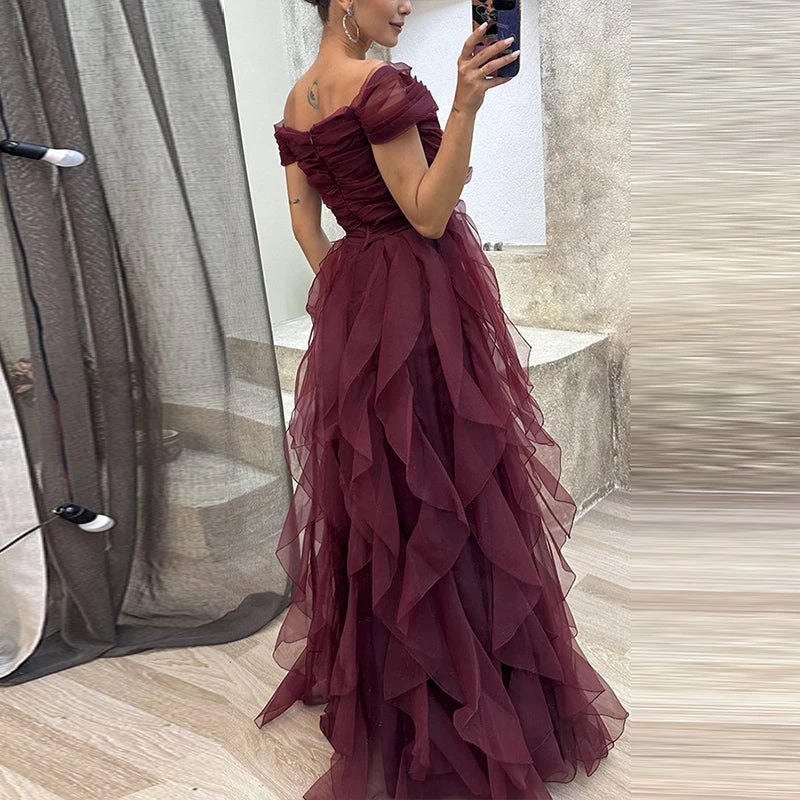 Strapless Ruffle Mesh Bridesmaid Dresses Spring Backless Hollow Long Party Dress Summer High Waist Bow Hem Maxi Dress