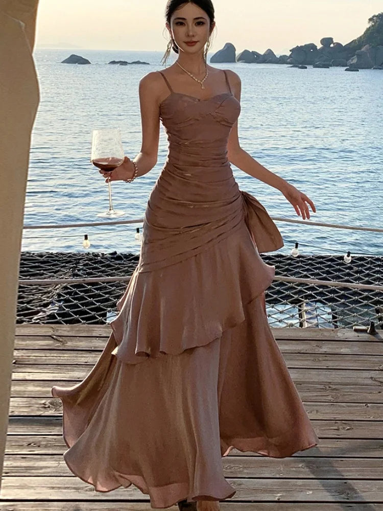 Spaghetti Strap Long Dresses Sleeveless Princess Ruffles Evening Party Dress Summer Holiday Beach Vestidos Robe New