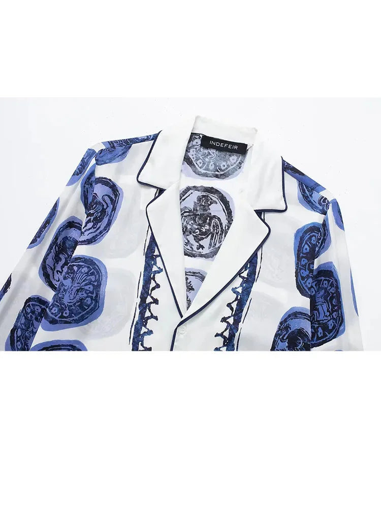 Summer Woman 2 Piece Set Printed V Neck Long Sleeve Top Singlebreasted Blouse Elastic High Waist Loose Pant