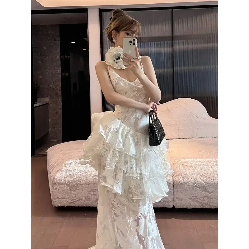 Summer White Strap Slip Maxi Dress Flower Backless Printed Lotus Leaf Edge French Light Evening Dresses for
