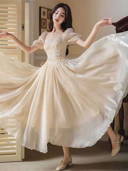 French Bubble Sleeves Dresses Summer Square Collar Evening Party Prom Sweet Chiffon Long Dress