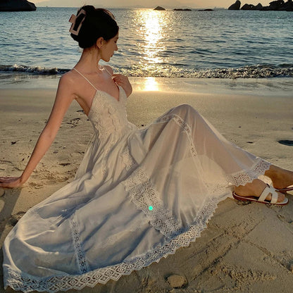 White Lace Spaghetti Straps Backless Summer Vneck Bandage Fairy Long Dress Club Birthday Party Evening Sundress