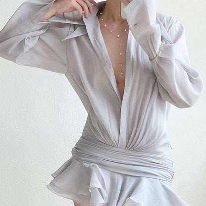 New Chiffon Mini Dress ’s Ruffled Splice Pleated Dress Mesh See-through Loose Oversized Shirt Dress Cover-up Clothes