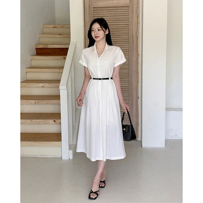 White Midi Dress With Belt Short Sleeve Shirts Dresses Summer Korean Aesthetic Single Breasted Vestidos
