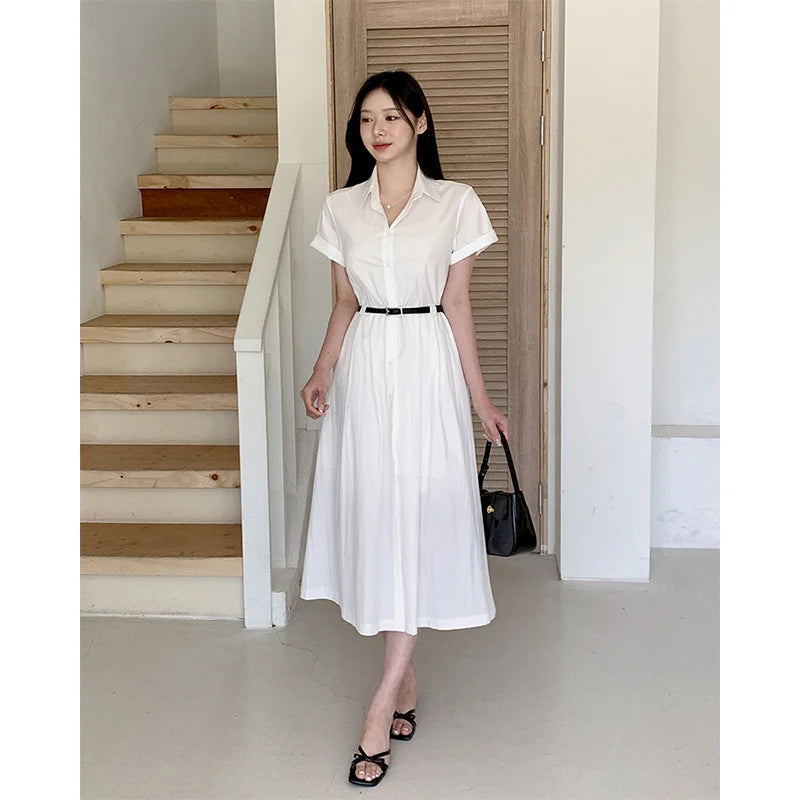 White Midi Dress With Belt Short Sleeve Shirts Dresses Summer Korean Aesthetic Single Breasted Vestidos