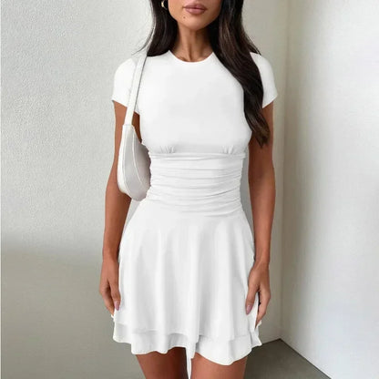 Folds Ruffled Mini Dress for Summer New Color Short Sleeves Female Clubs Party Slim Fit Dress