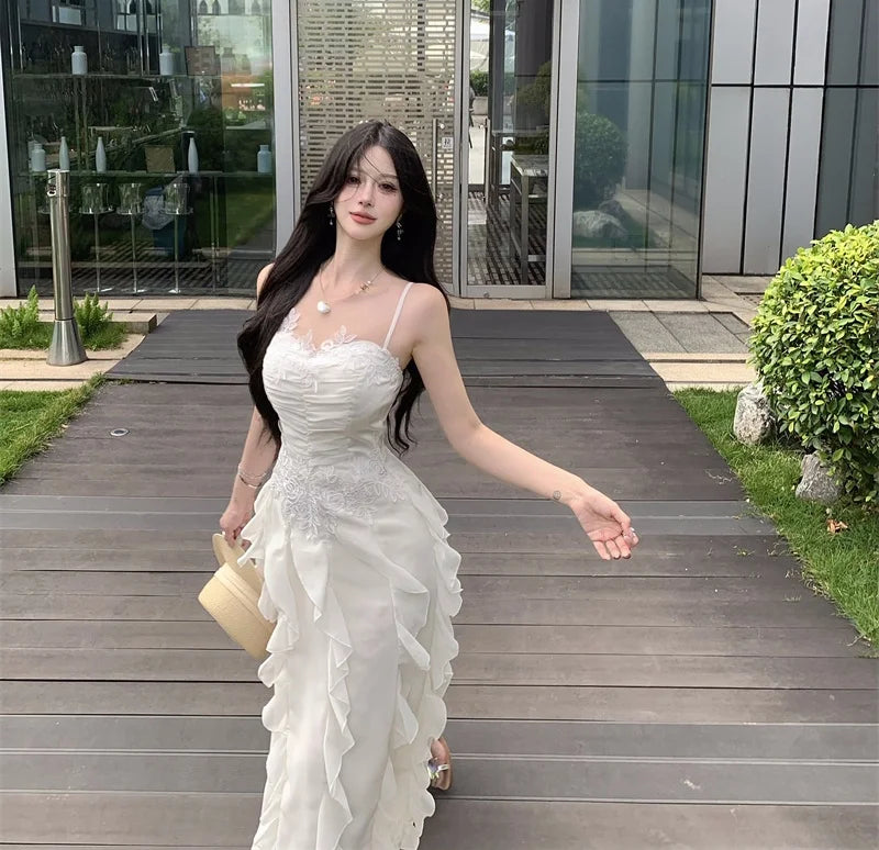 Korean Sweet Fairycore Long Dresses for Spaghetti Strap Ruffles Princess Party Dress Summer Slim Waist Vestidos