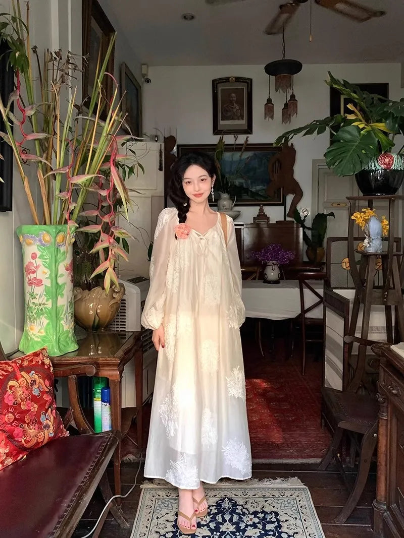 French Midi Dress Long Sleeve Dress Beach Style Even Party Clothing Korean