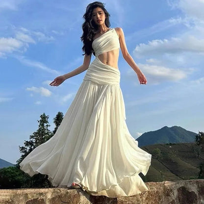Fairy Beach Style Aline Maxi Dresses for Sleeveless One Shoulder Crop Ruffles Y2k Party Long Dress Vestidos