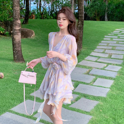 Summer New Sweet Chiffon Mini Dress Beach Party Vneck Mini Dress One Piece Dress Korean Clothing