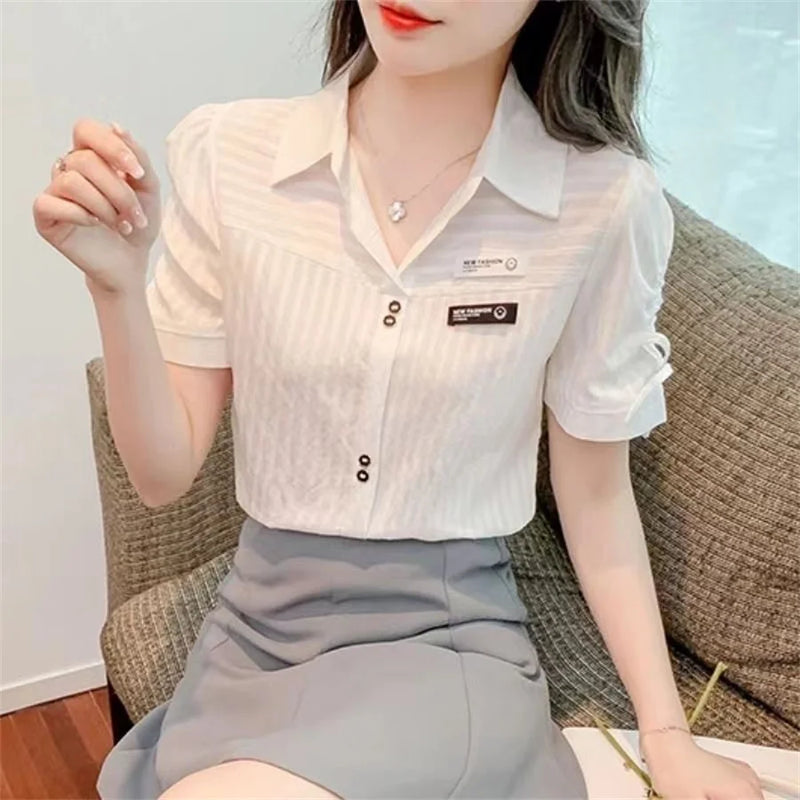 Woman Summer Style Blouses Shirts Lady Short Sleeve Turn-down Collar Color Blusas Tops Df4392