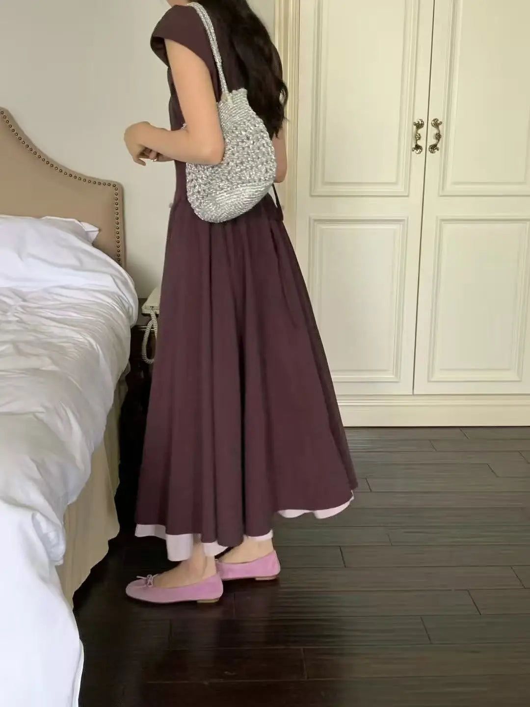 French Retro Patchwork Contrasting Short Sleeved Dress Summer New Design Slimming Waist Long Dresses