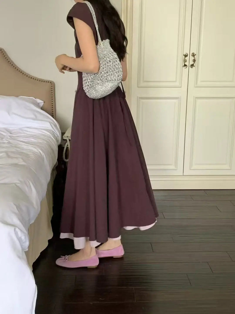 French Retro Patchwork Contrasting Short Sleeved Dress Summer New Design Slimming Waist Long Dresses