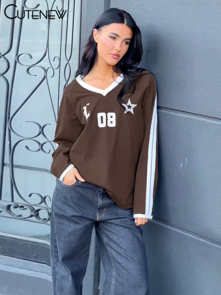 Football Track T-shirts Autumn Printed Striped Long Sleeve V-neck Oversized Tops Female Active