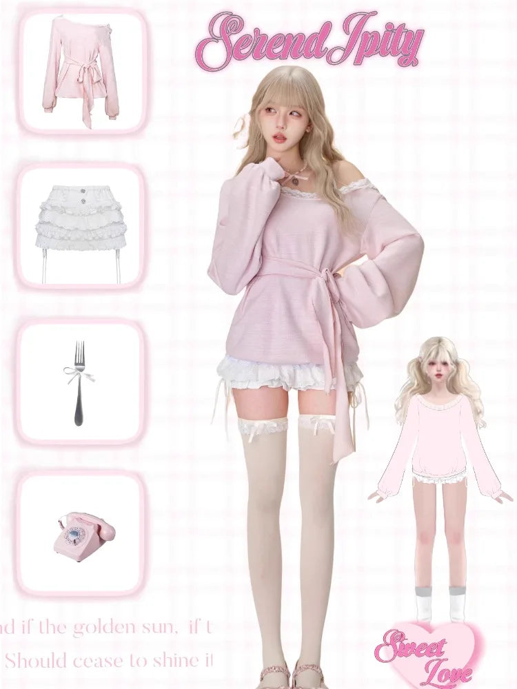 Kawaii Pink Mini Dress With Hooded Lace Japanese Short Party Dress Female One Piece Dress Koreean Autumn