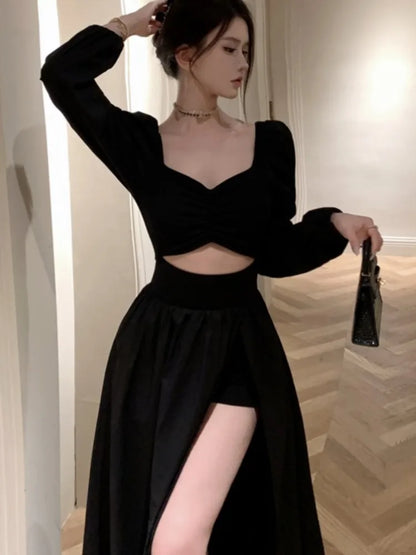 Black Long Dresses for Long Sleeve Square Collar Hollow Out High Slit Evening Party Dress Prom Robe Vestidos Mujer