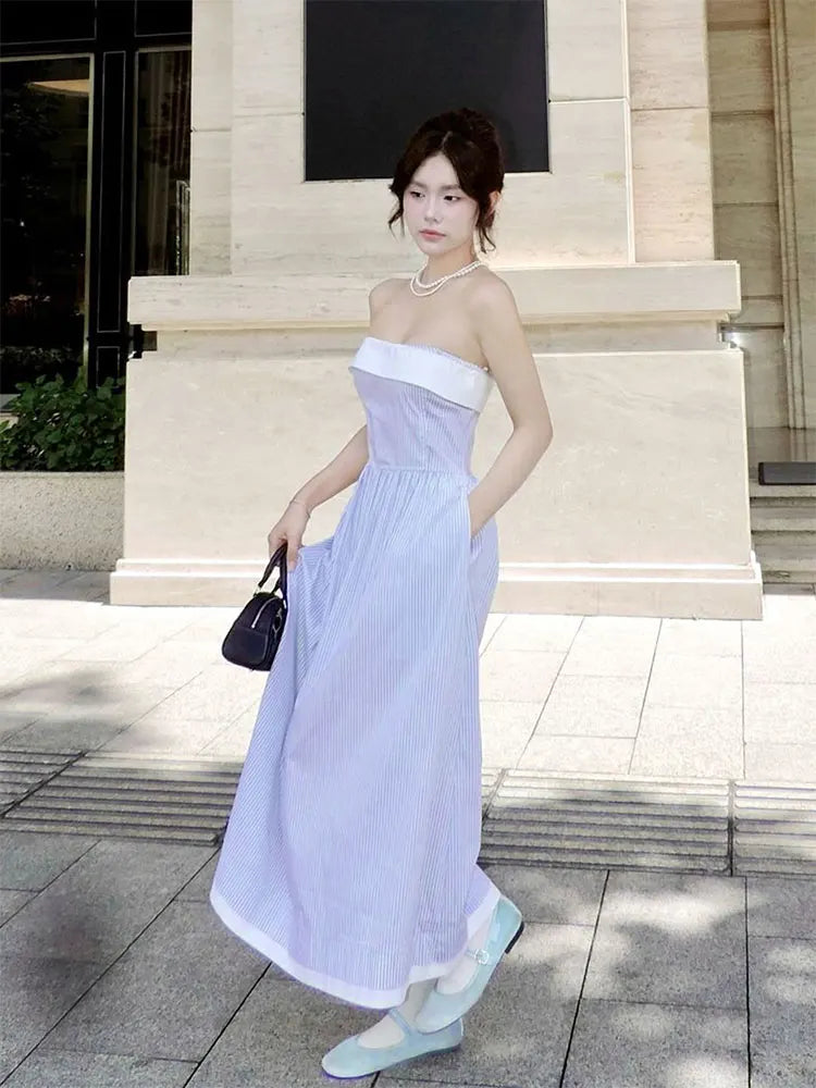 Aline Maxi Dresses Summer New Splicing Slim Dresses Backless Sling Female Dress Clothing