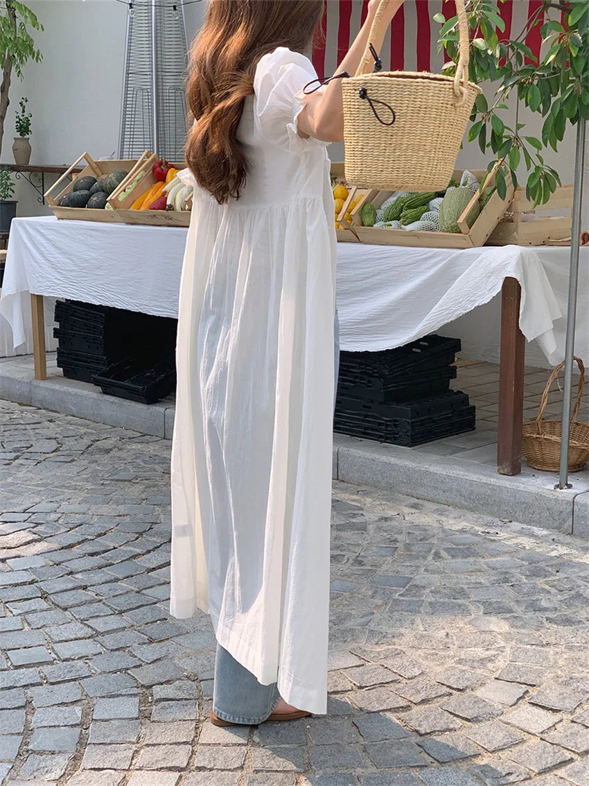 White Summer Slim Long Dress Sweet Short Puff Sleeve Mujer Ol All Match Daily