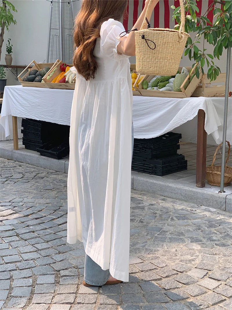 White Summer Slim Long Dress Sweet Short Puff Sleeve Mujer Ol All Match Daily