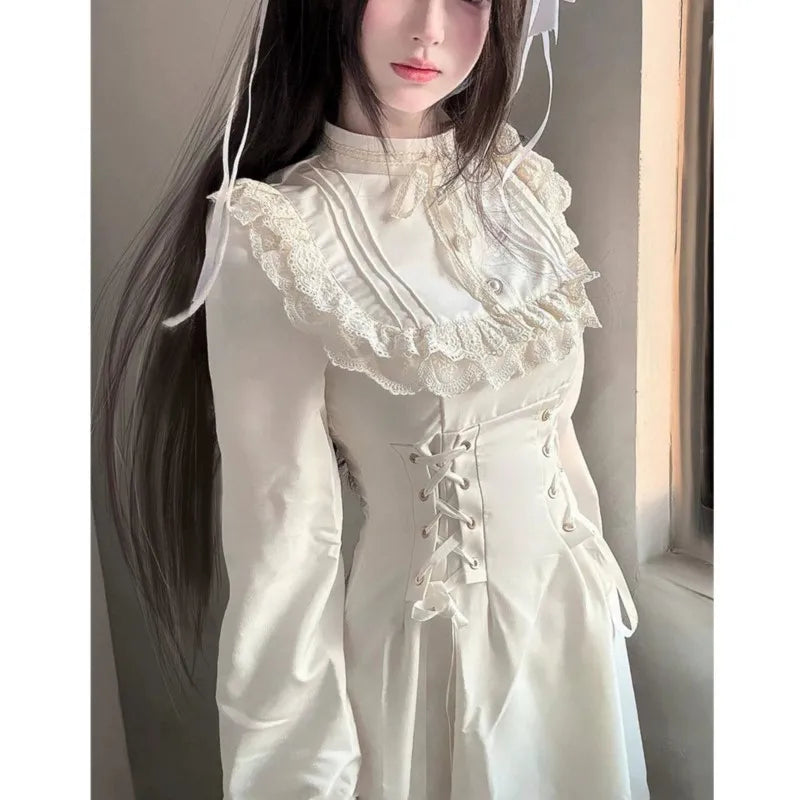 Japanese Style Kawaii Lace-up Midi Dresses Princess Party Dress Long Sleeve O-neck High Waist Y2k Gothic Vestidos Mujer