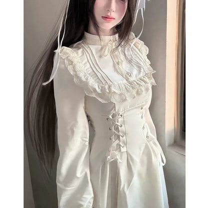 Japanese Style Kawaii Lace-up Midi Dresses Princess Party Dress Long Sleeve O-neck High Waist Y2k Gothic Vestidos Mujer