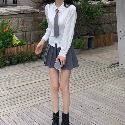 White Bandage Shirt Slim Long Sleeve Top School Uniform Basic Blouse Female Polo Neck