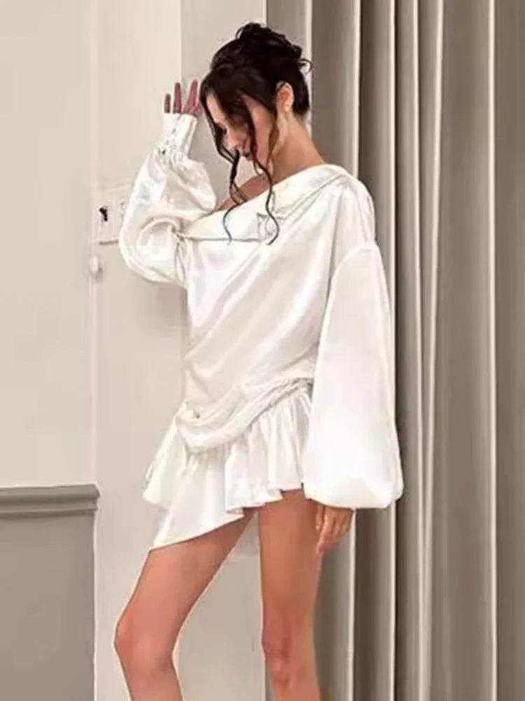 Draped Mini Dress for Backless Irregular Skew Collar Long Sleeve Party Dresses High Waist