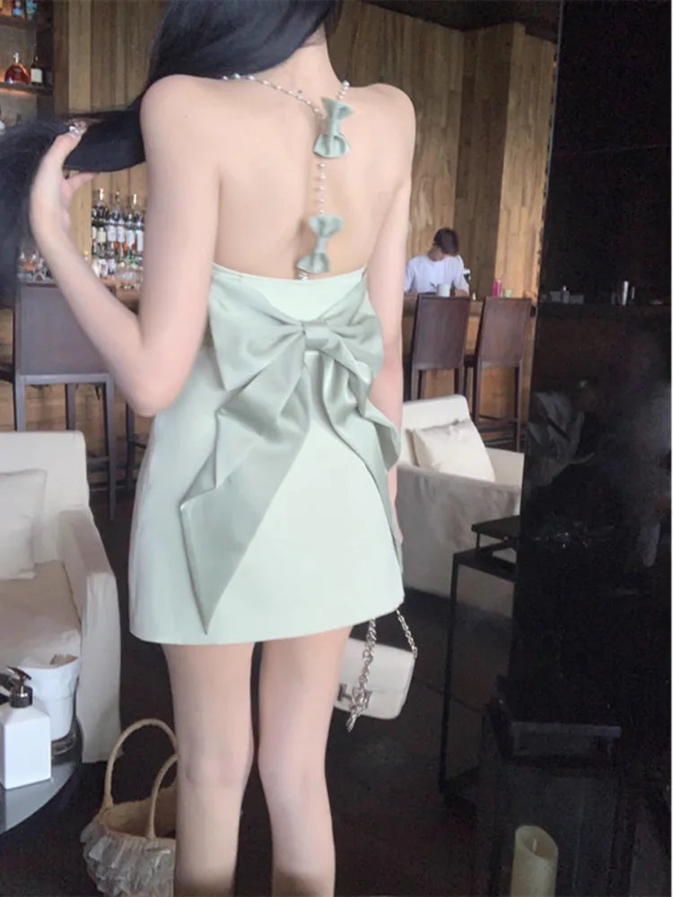 Mini Dresses Sleeveless Bowknot Chain Backless Spring Summer Slim French Style Dress Sweet