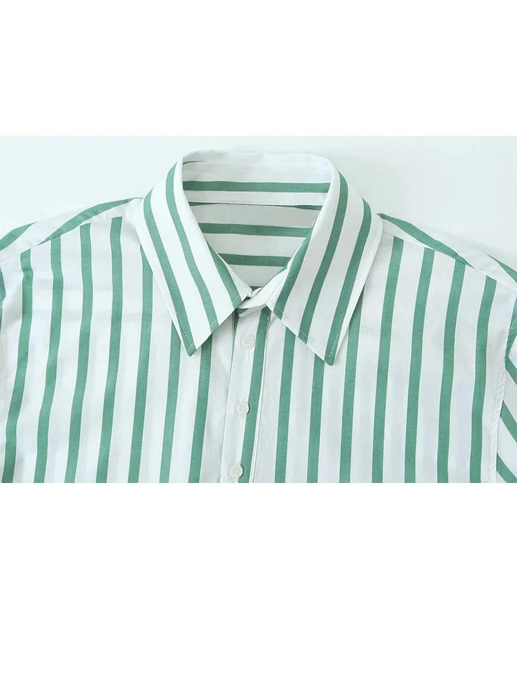 Summer Causal Short Sleeves Shirts for Woman Green Stripes Lapel Tshirt Buttons Female Cropped Slim Blouses