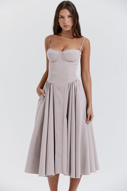 Dress Spaghetti Strap A-line Loose Midi Dresses Female Sleeveless Backless French Retro Long Dress
