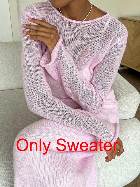 Spring Autumn O-neck Elastic Knit Long Dresses Soft Lady Hollowing Sweater Dresses Femme New